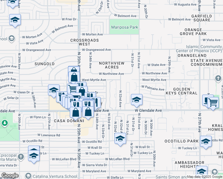 map of restaurants, bars, coffee shops, grocery stores, and more near 3228 West Glendale Avenue in Phoenix