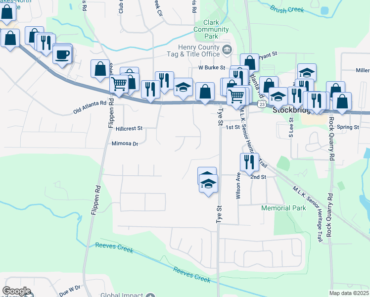 map of restaurants, bars, coffee shops, grocery stores, and more near 705 Yukon Way in Stockbridge