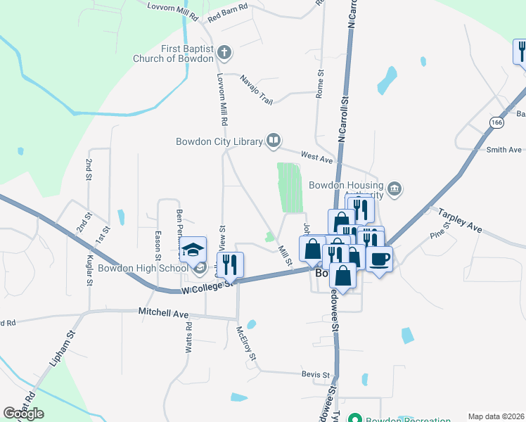 map of restaurants, bars, coffee shops, grocery stores, and more near 226 Mill Street in Bowdon