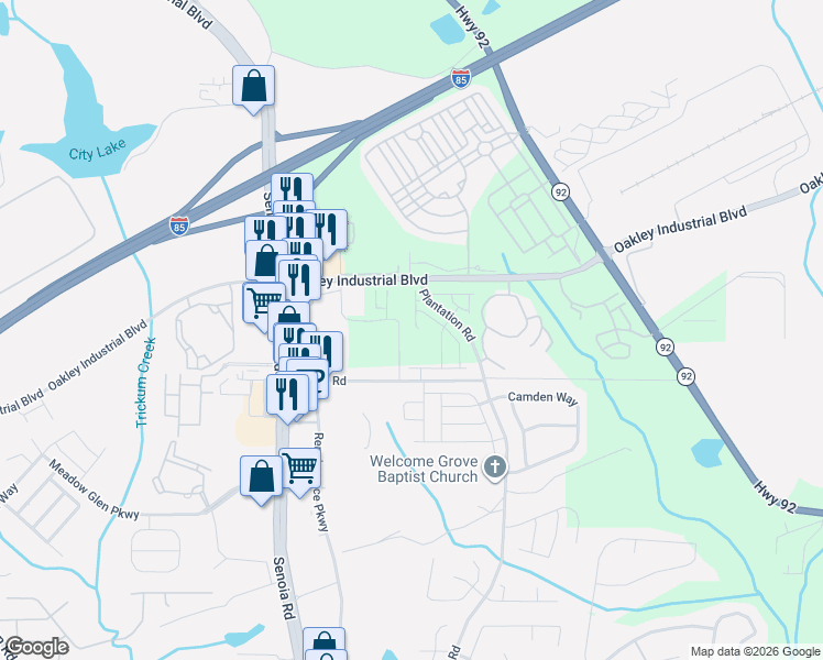 map of restaurants, bars, coffee shops, grocery stores, and more near 7807-7877 Plantation Road in Fairburn