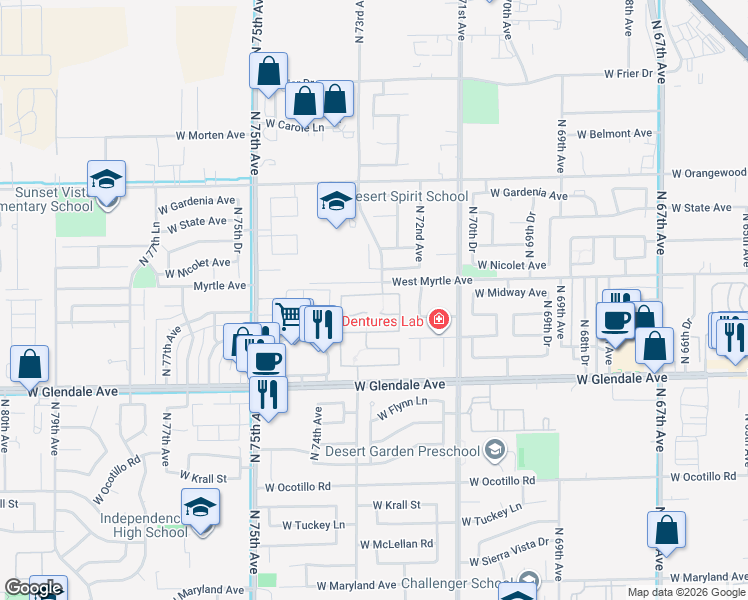 map of restaurants, bars, coffee shops, grocery stores, and more near 7260 West Midway Avenue in Glendale