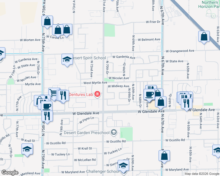 map of restaurants, bars, coffee shops, grocery stores, and more near 7016 West Midway Avenue in Glendale