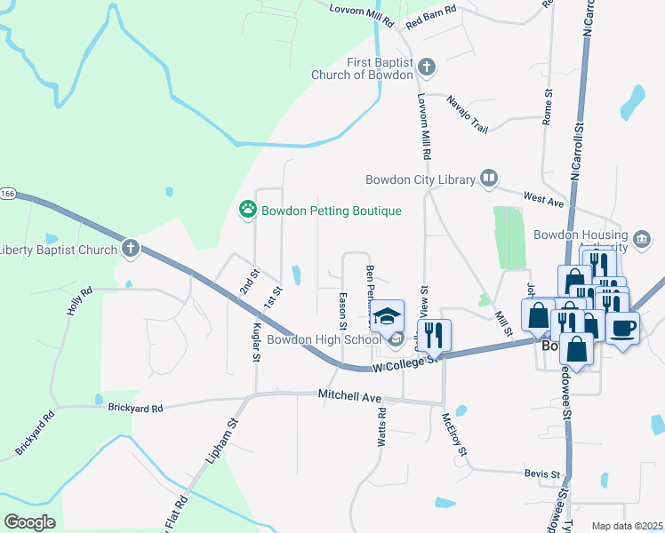 map of restaurants, bars, coffee shops, grocery stores, and more near 255 Eason Street in Bowdon