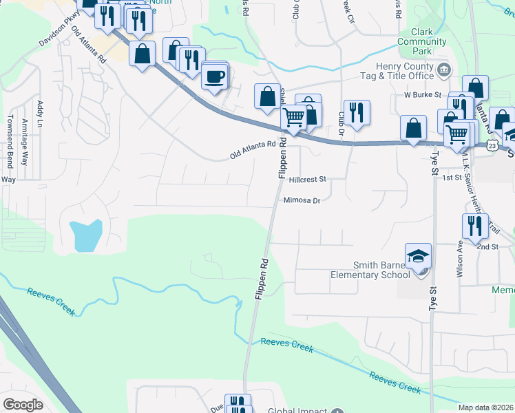 map of restaurants, bars, coffee shops, grocery stores, and more near 202 Northbridge Drive in Stockbridge