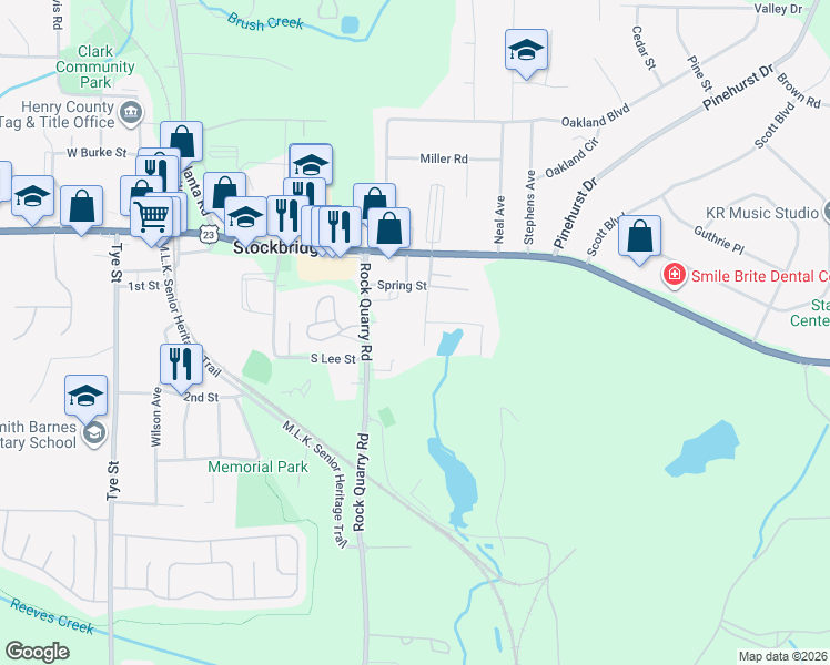 map of restaurants, bars, coffee shops, grocery stores, and more near 119 Lambert Drive in Stockbridge