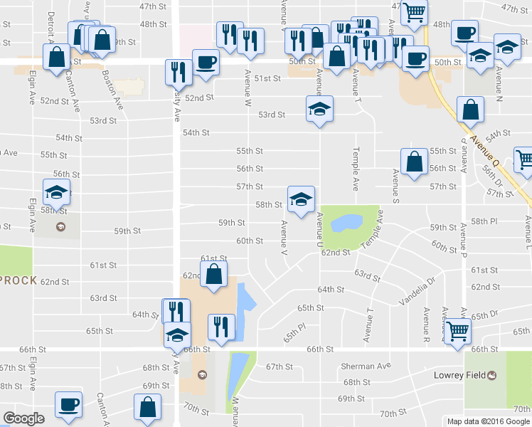 map of restaurants, bars, coffee shops, grocery stores, and more near 2215 58th Street in Lubbock