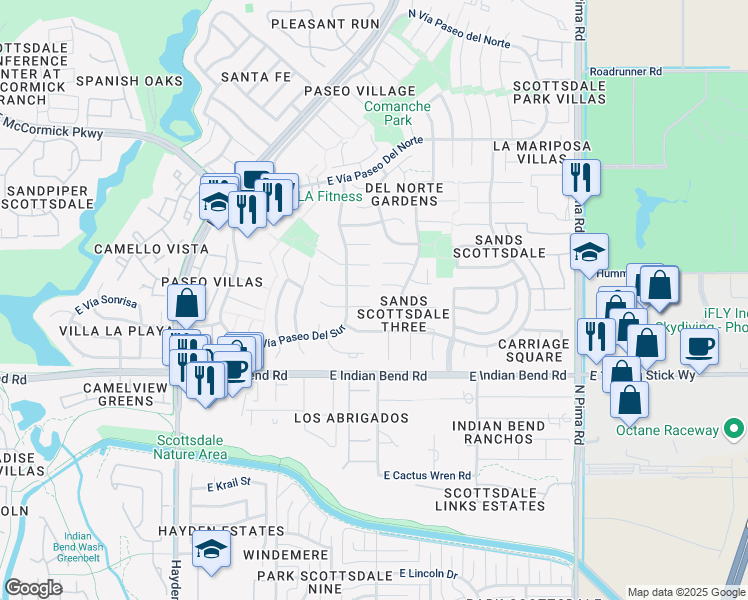 map of restaurants, bars, coffee shops, grocery stores, and more near 8405 East Vía De Encanto in Scottsdale
