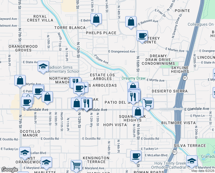 map of restaurants, bars, coffee shops, grocery stores, and more near 1349 East Myrtle Avenue in Phoenix