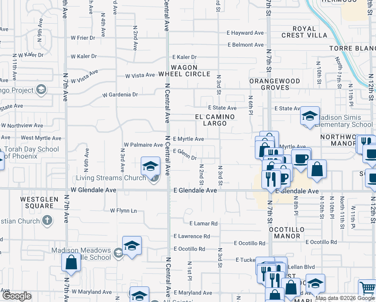 map of restaurants, bars, coffee shops, grocery stores, and more near 28 East Glenn Drive in Phoenix