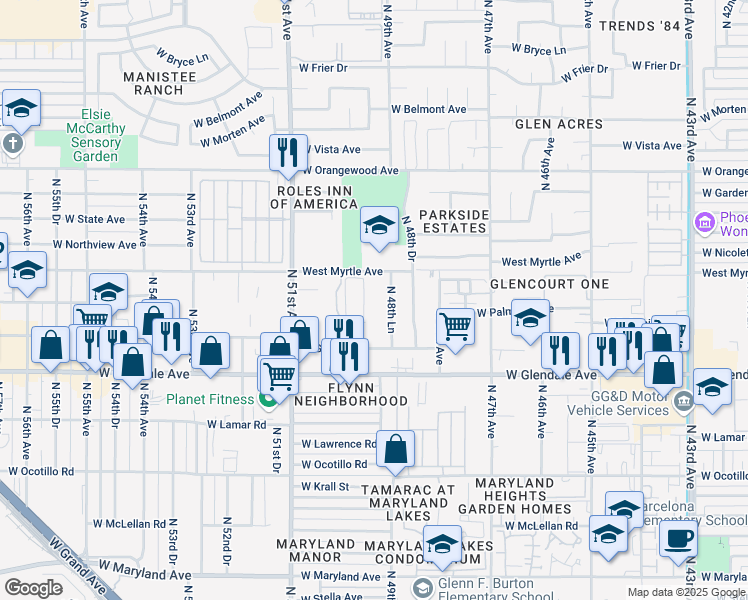 map of restaurants, bars, coffee shops, grocery stores, and more near 4937 West Myrtle Avenue in Glendale