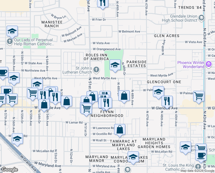 map of restaurants, bars, coffee shops, grocery stores, and more near 4937 West Myrtle Avenue in Glendale