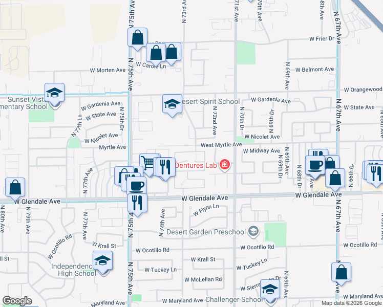 map of restaurants, bars, coffee shops, grocery stores, and more near 7260 West Midway Avenue in Glendale