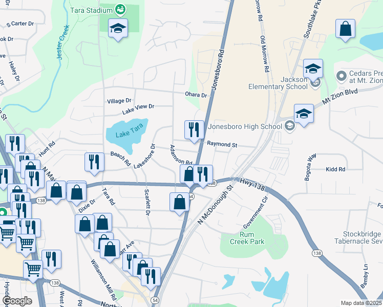 map of restaurants, bars, coffee shops, grocery stores, and more near 2949 Lake Spivey Parkway in Jonesboro