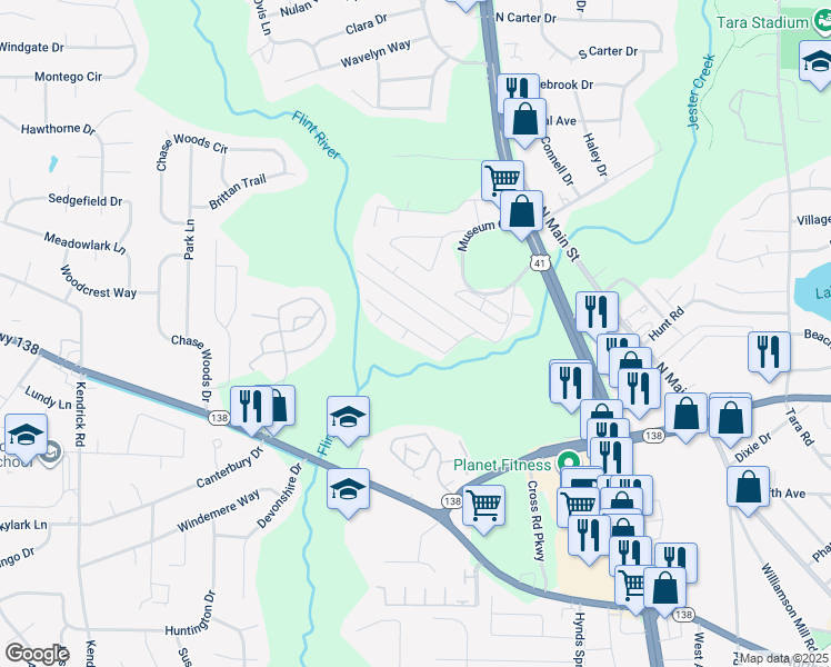 map of restaurants, bars, coffee shops, grocery stores, and more near Tara Tr in Riverdale