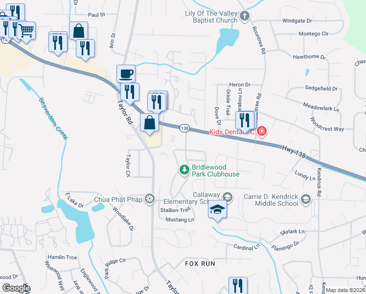 map of restaurants, bars, coffee shops, grocery stores, and more near 227 Horseshoe Bend in Riverdale