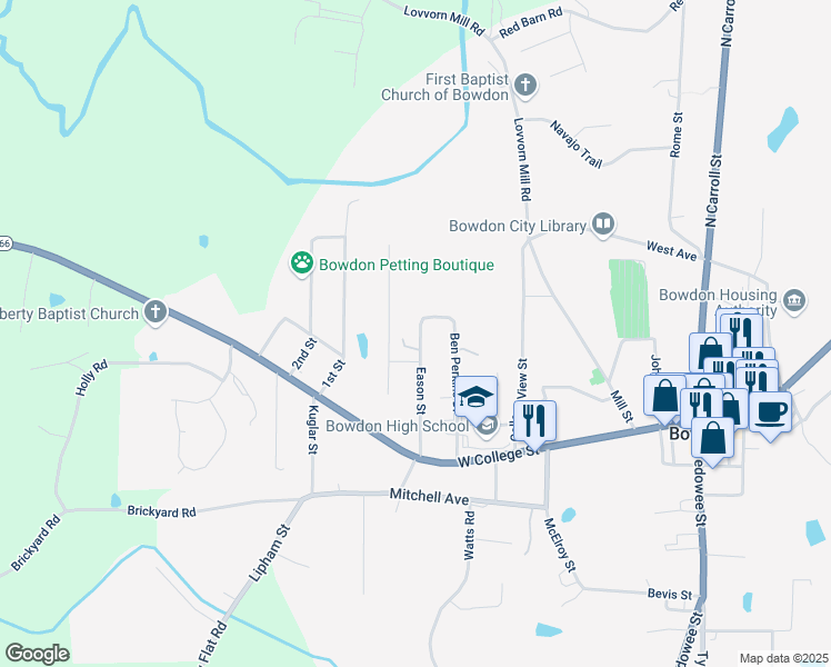 map of restaurants, bars, coffee shops, grocery stores, and more near 259 Eason Street in Bowdon