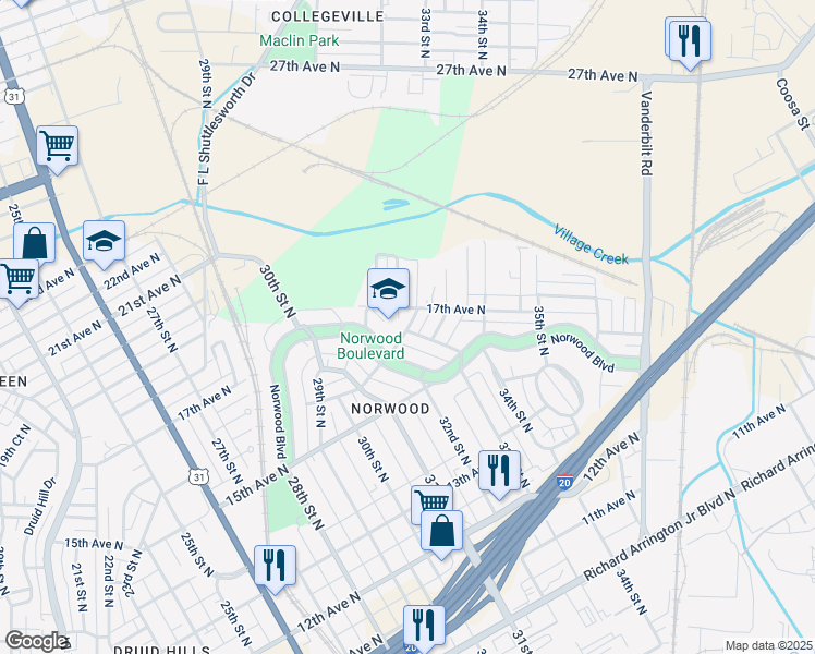 map of restaurants, bars, coffee shops, grocery stores, and more near 3136 Norwood Boulevard in Birmingham