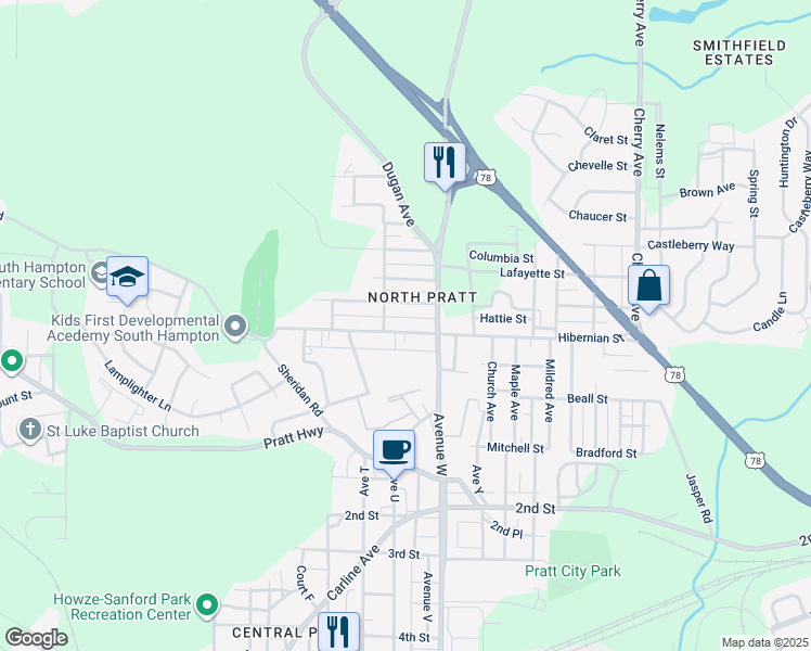 map of restaurants, bars, coffee shops, grocery stores, and more near 1029 Trilby Street in Birmingham