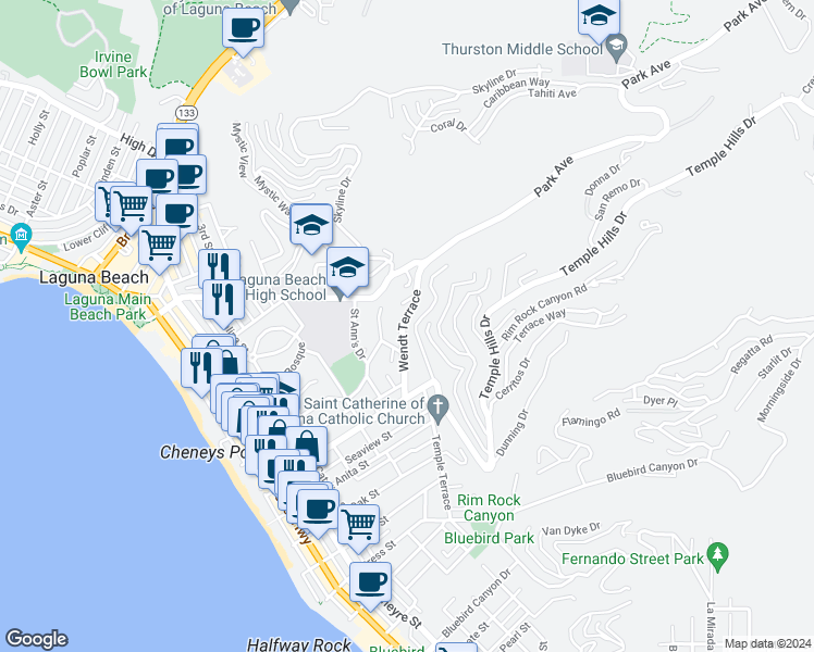 map of restaurants, bars, coffee shops, grocery stores, and more near 704 Wendt Terrace in Laguna Beach