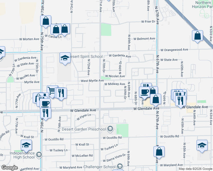 map of restaurants, bars, coffee shops, grocery stores, and more near 7023 West Midway Avenue in Glendale