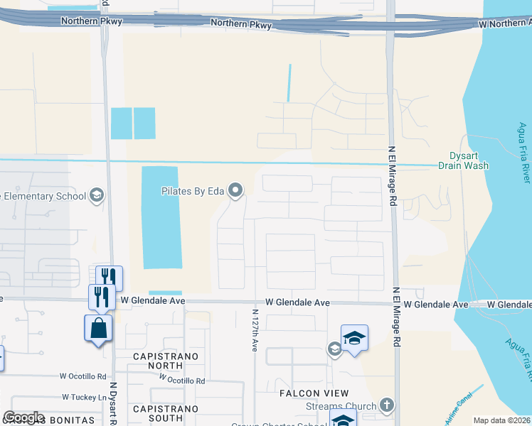 map of restaurants, bars, coffee shops, grocery stores, and more near 12653 West State Court in Maricopa County