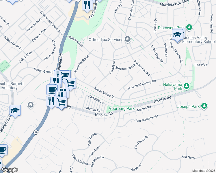 map of restaurants, bars, coffee shops, grocery stores, and more near 39258 Cayman Court in Murrieta