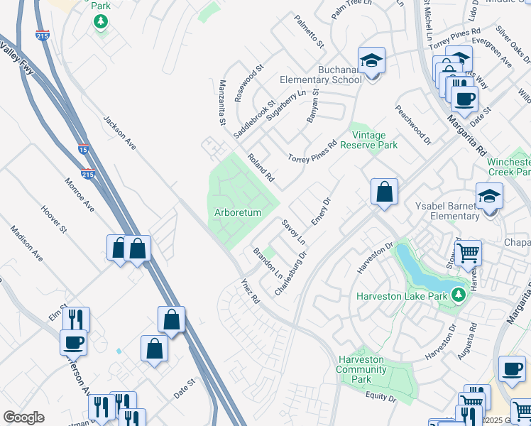 map of restaurants, bars, coffee shops, grocery stores, and more near 26490 Arboretum Way in Murrieta