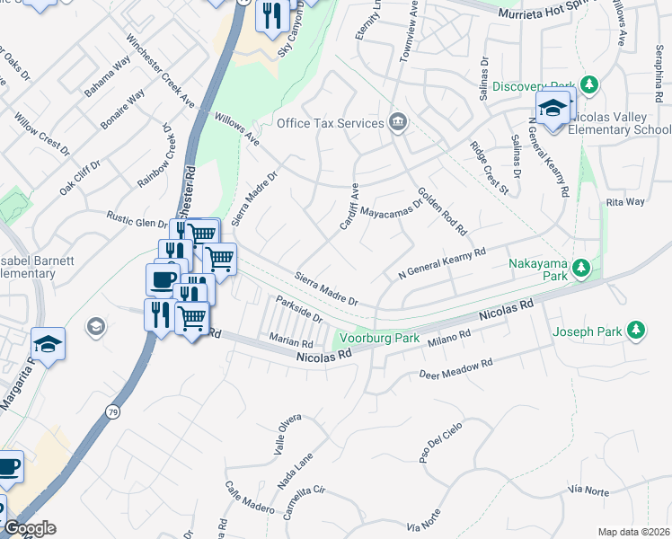 map of restaurants, bars, coffee shops, grocery stores, and more near 39258 Cayman Court in Murrieta