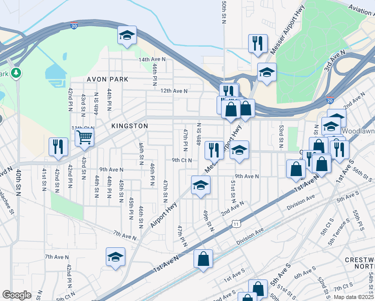 map of restaurants, bars, coffee shops, grocery stores, and more near 947 47th Place North in Birmingham