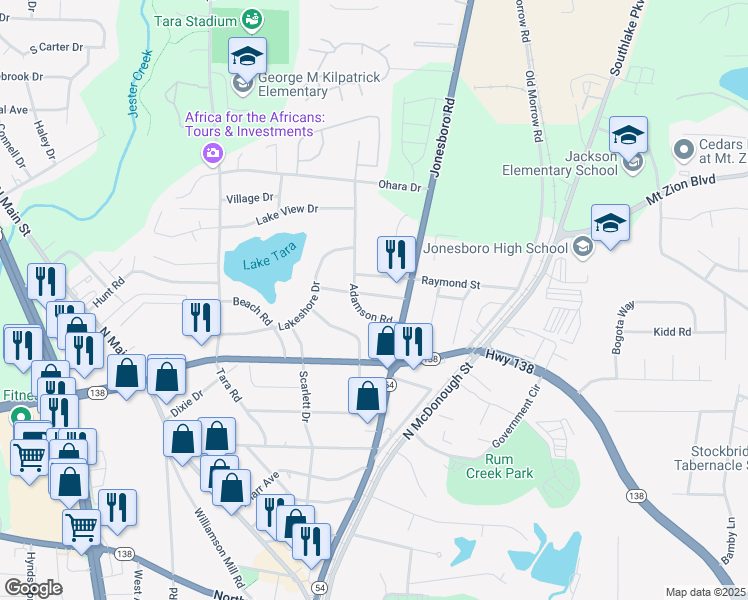 map of restaurants, bars, coffee shops, grocery stores, and more near 1197 Lake Drive in Jonesboro