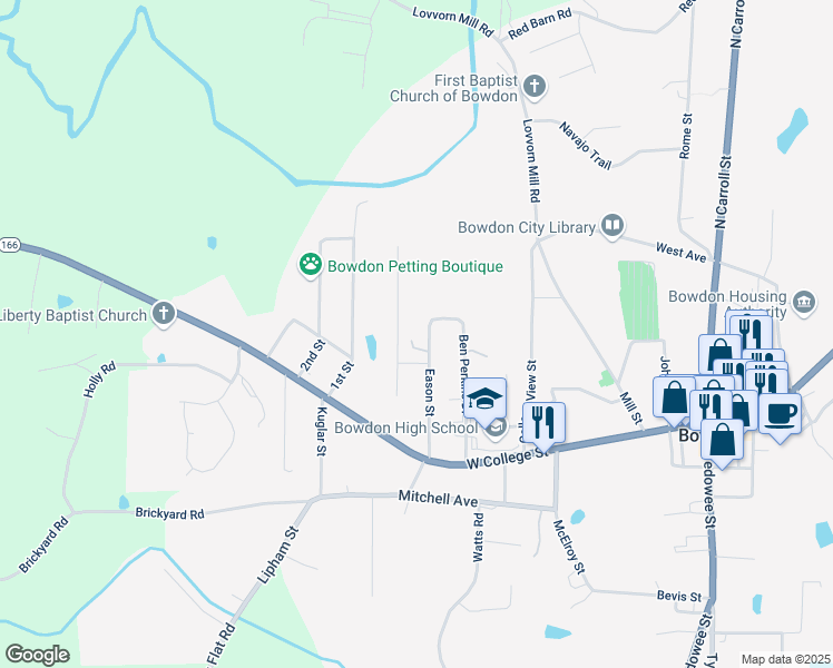 map of restaurants, bars, coffee shops, grocery stores, and more near 259 Eason Street in Bowdon