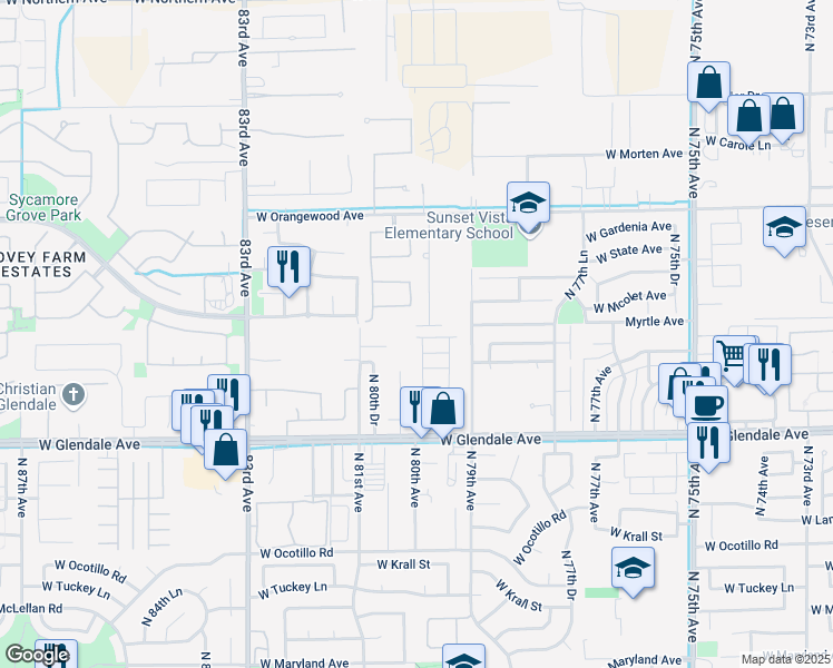 map of restaurants, bars, coffee shops, grocery stores, and more near 7920 West Glendale Avenue in Glendale