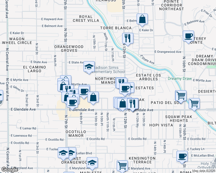 map of restaurants, bars, coffee shops, grocery stores, and more near 1041 East Myrtle Avenue in Phoenix