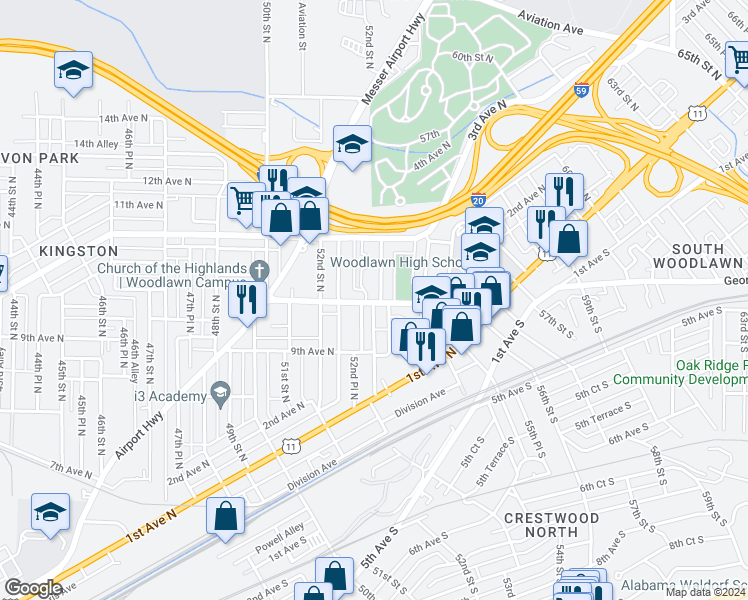 map of restaurants, bars, coffee shops, grocery stores, and more near 922 53rd Street North in Birmingham