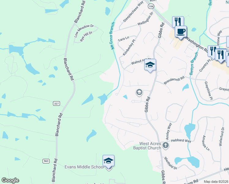 map of restaurants, bars, coffee shops, grocery stores, and more near 4709 Walnut Hill Drive in Evans