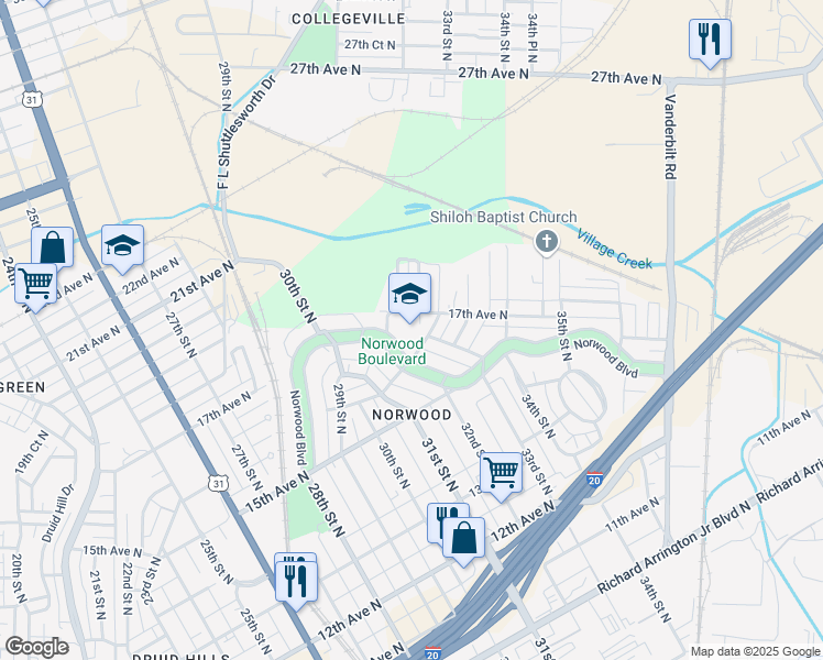 map of restaurants, bars, coffee shops, grocery stores, and more near 3136 Norwood Boulevard in Birmingham