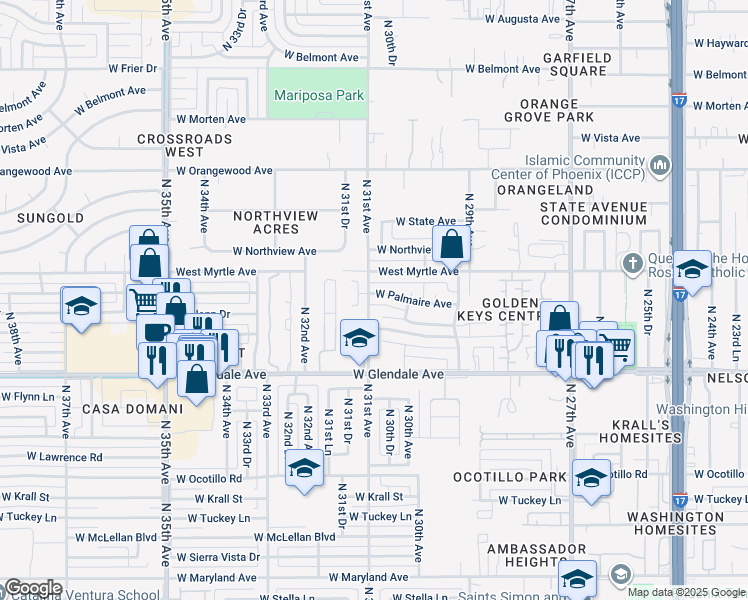 map of restaurants, bars, coffee shops, grocery stores, and more near 3038 West Palmaire Avenue in Phoenix