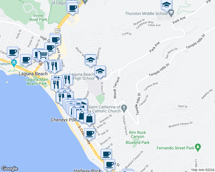 map of restaurants, bars, coffee shops, grocery stores, and more near 644 Griffith Way in Laguna Beach