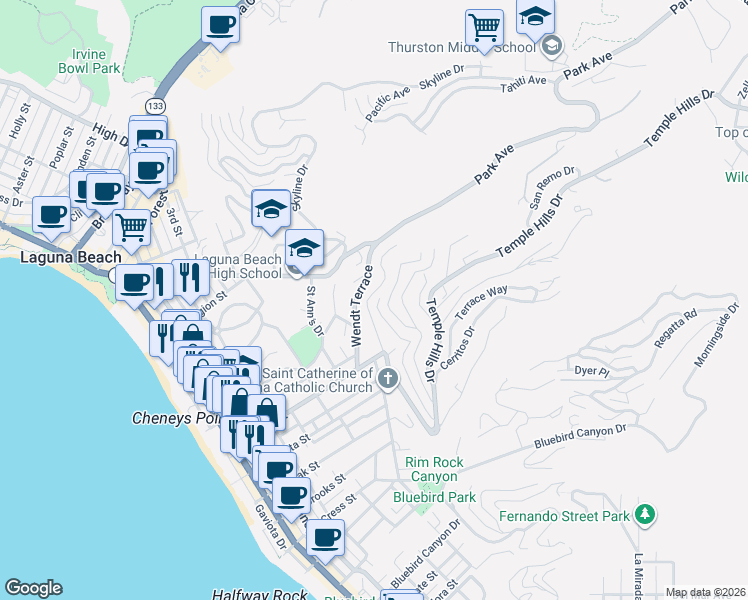 map of restaurants, bars, coffee shops, grocery stores, and more near 700 Temple Hills Drive in Laguna Beach