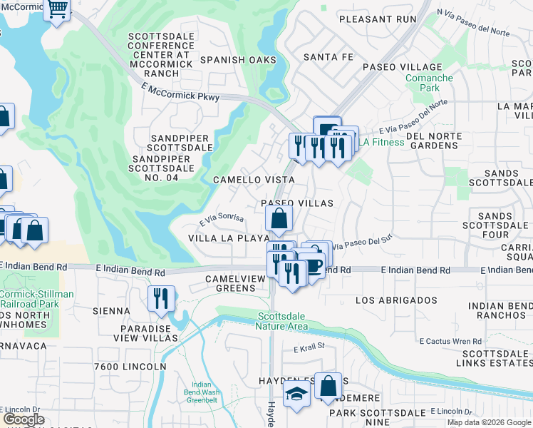 map of restaurants, bars, coffee shops, grocery stores, and more near 7001 North Vía Camello Del Sur in Scottsdale