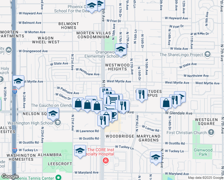 map of restaurants, bars, coffee shops, grocery stores, and more near 1813 West Myrtle Avenue in Phoenix