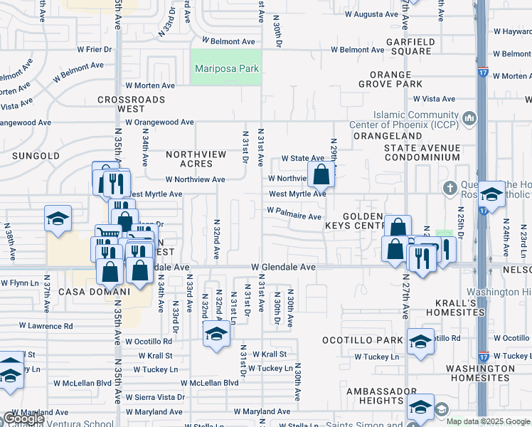 map of restaurants, bars, coffee shops, grocery stores, and more near 3038 West Palmaire Avenue in Phoenix