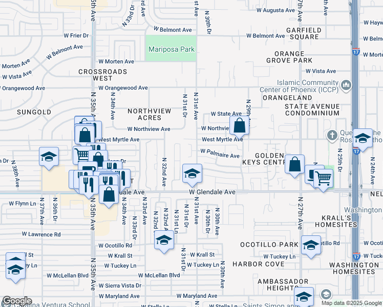 map of restaurants, bars, coffee shops, grocery stores, and more near 7144 North 31st Drive in Phoenix
