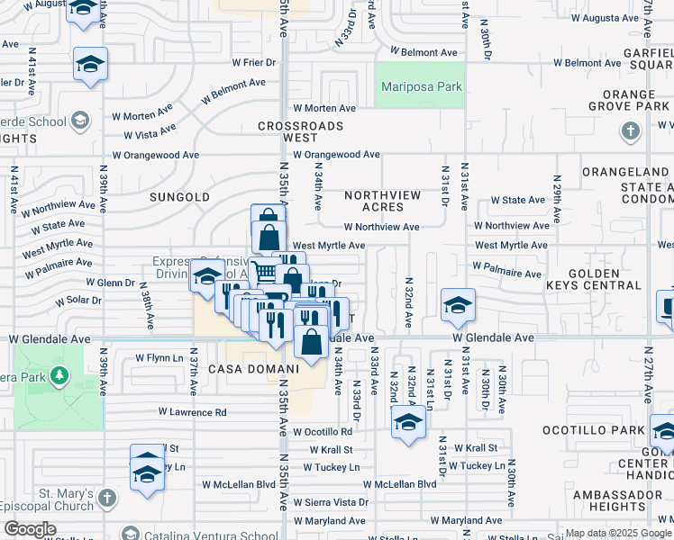 map of restaurants, bars, coffee shops, grocery stores, and more near 3408 West Palmaire Avenue in Phoenix