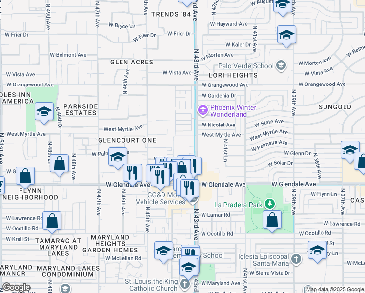 map of restaurants, bars, coffee shops, grocery stores, and more near 7102 North 43rd Avenue in Glendale