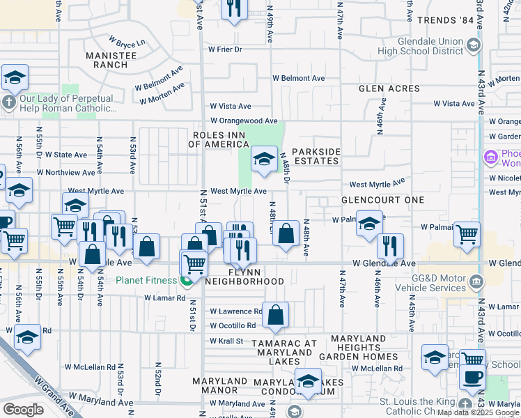 map of restaurants, bars, coffee shops, grocery stores, and more near 4937 West Myrtle Avenue in Glendale