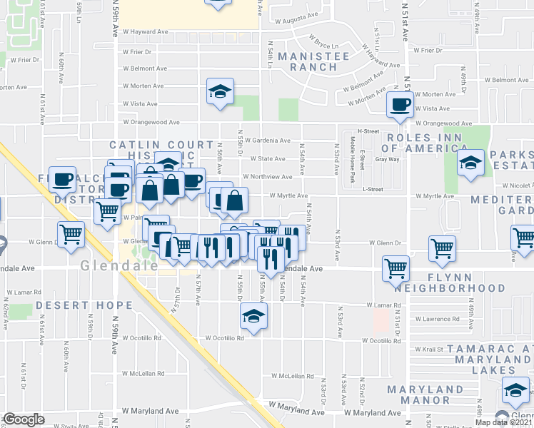 map of restaurants, bars, coffee shops, grocery stores, and more near 7146 North 55th Avenue in Glendale