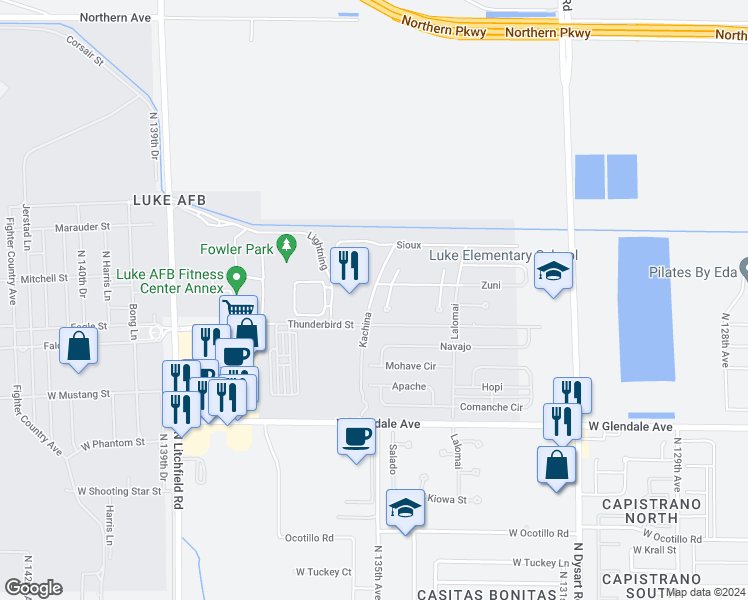 map of restaurants, bars, coffee shops, grocery stores, and more near 1370 Kachina in Glendale