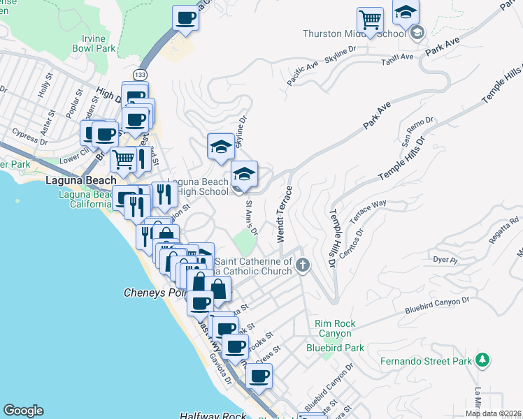 map of restaurants, bars, coffee shops, grocery stores, and more near 646 Griffith Way in Laguna Beach