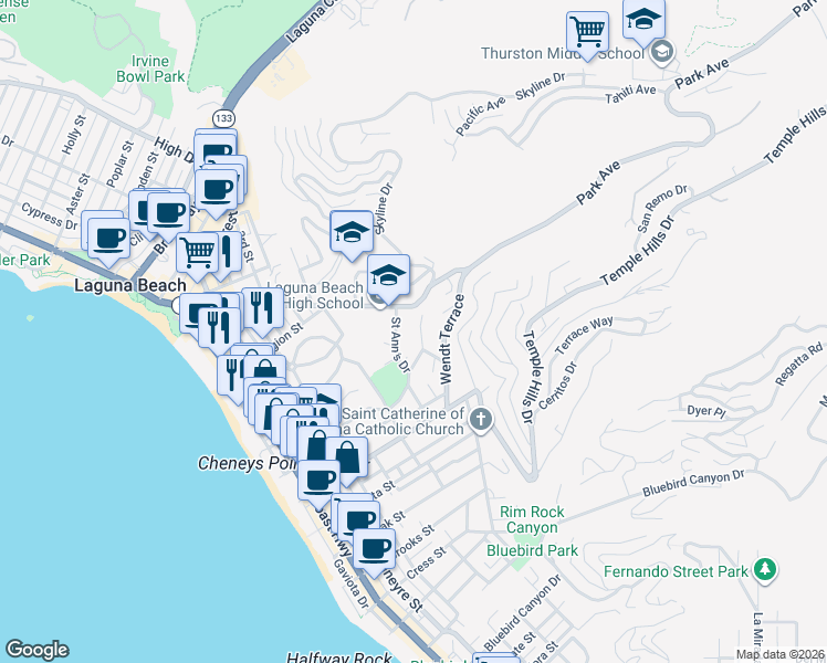 map of restaurants, bars, coffee shops, grocery stores, and more near 646 Griffith Way in Laguna Beach